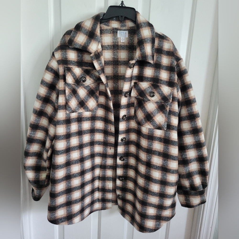 Time and Tru Women’s Brown Tan Plaid Oversized Fleece Shacket Size Large 12-14
